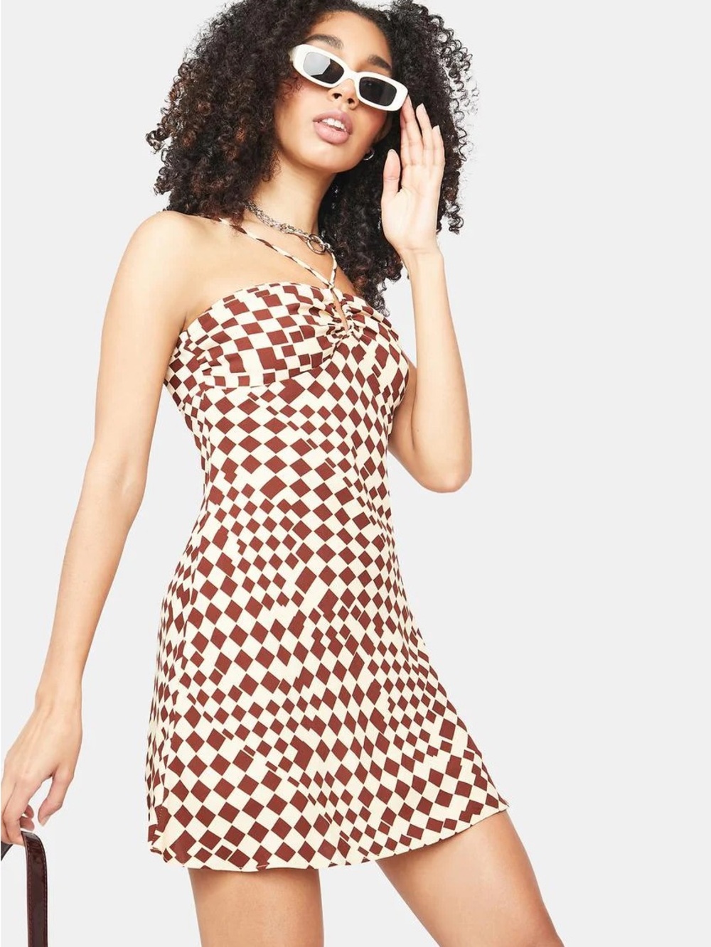 Cotton Candy LA Beige and Brown Diamond Checkered Slip Dress M